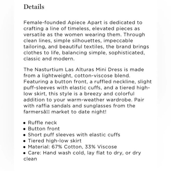 Apiece Apart XS Nasturtium Las Alturas Mini Dress
excellent condition - Picture 13 of 16